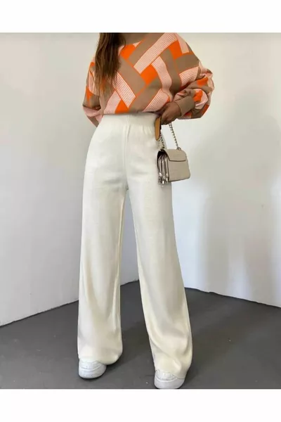 Women's winter relaxed fit wide-leg knit pants with elastic waistband