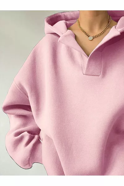 سويت شيرت أساسي بأكمام واسعة وقبعة للجنسين وياقة على شكل V