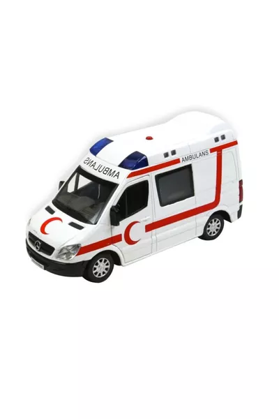 أبواب معدنية تفتح، سيارة إسعاف بيضاء مرسيدس بنز بصوت وضوء، نموذج بمقياس 1:1 لمعدات الإسعاف الأولية