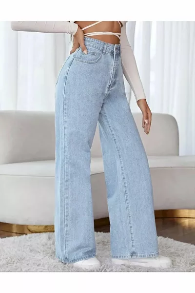 Karyıkama Palazzo Jeans Azzurro Chiarissimo Lavaggio Neve Vita Super Alta Pantaloni Jeans a Gamba Larga