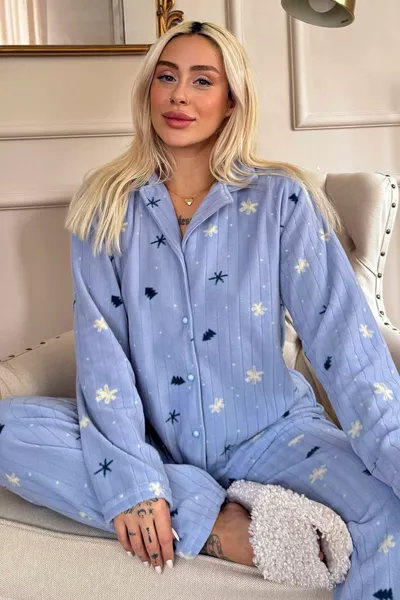 Blue Pine Pattern Front-Button Plush Fleece Pajama Set