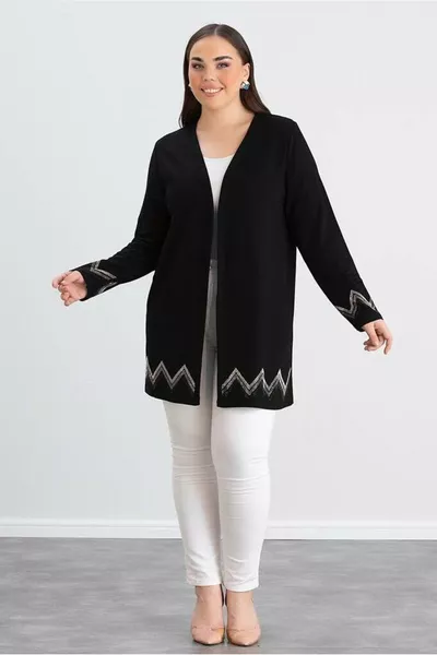 Женский кардиган больших размеров из эластичного вискозного материала, миди длины, с зигзагообразной отделкой на рукавах и подоле, с открытой передней частью
