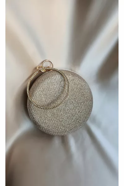 حقيبة كلتش نسائية ذهبية بطبقة لامعة مع لمعان صدف وملمس محبب مستديرة