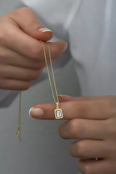  Sterling Silver Gold Baguette Solitaire Necklace