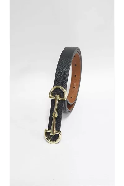 حزام نسائي نحيف أسود-بني ذهبي مشبك مزدوج