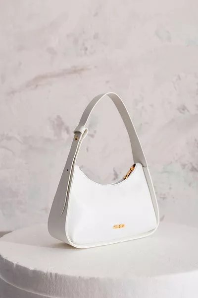 Women's White Lined Hand and Shoulder Bag