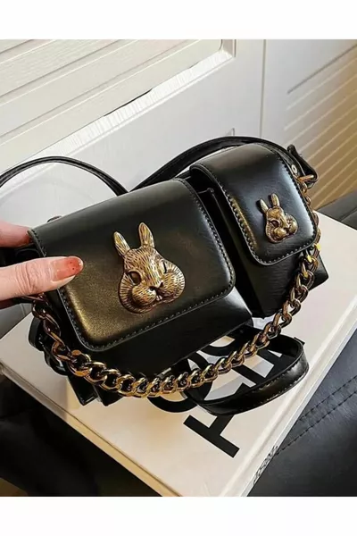 women's black squirrel accessory detailed design baguette bag