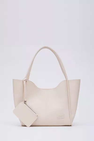 حقيبة يد وكتف نسائية مع محفظة مكياج من الجلد الصناعي لون كريمي  بسحّاب