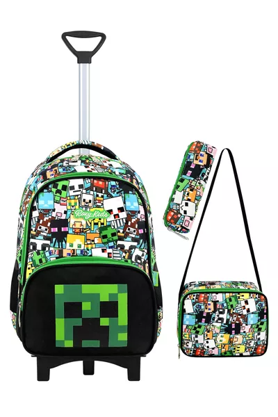 Mine Creeper Pull-Along 3-Piece Elementary School Backpack Set - Fixed Pull Mechanism (foldable front stand)