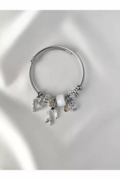 Bracciale in acciaio con ciondolo a forma di pesce bianco color argento