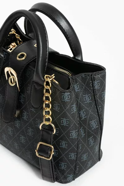 حقيبة يد وكتف نسائية من الجلد بنقش فينوس الأسود مع أشرطة كتف وإغلاق بسحّاب وزر