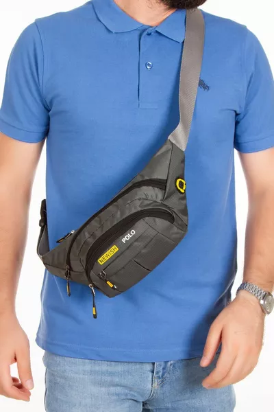 Sac ceinture et épaule unisexe gris en tissu imperméable avec sorties USB et casque