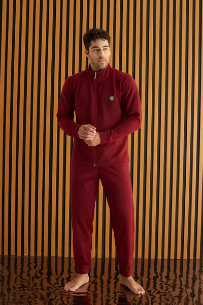 Burgundy Long Sleeve Fleece Men's Pajama Set with Front Zipper