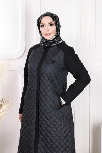 Gesteppter Reißverschluss Schwarzer Mantel Hijab In voller Länge Gesteppter Topcoat Wintermantel Gesteppt