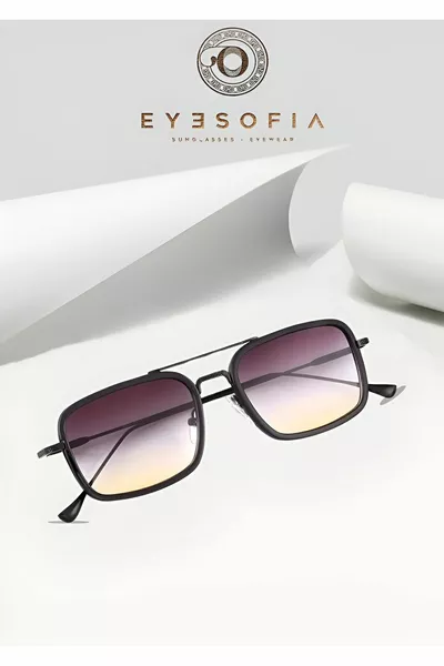 Burby Rechthoekige Unisex Titanium Mat Zwarte Gele Zonnebril