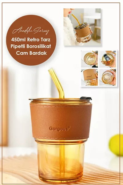 أكواب البورسليكات الرجعية الجلدية المخططة  مل مع قش مقاوم للحرارة | فنجان قهوة - 1 قطعة