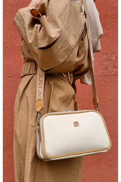 نسائي كريم تان 5 مقصورات حقيبة كتف طويلة حزام قابل للتعديل ومحفظة مزيج