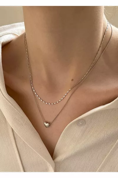 Silver heart 2-piece combination necklace