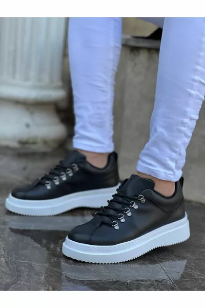 Chaussures Homme Casual Semelle Haute Semelle Haute À Lacets Peau Noire