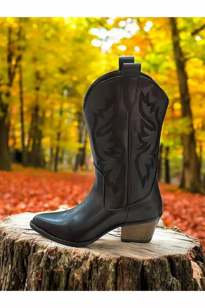 ALDI Black Skin Black Embroidered Unzipped Western Women's Cowboy Boots