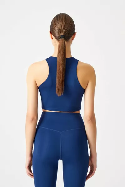 Navy Blue Halter Collar T-shirt Tank Top With Bra Inside