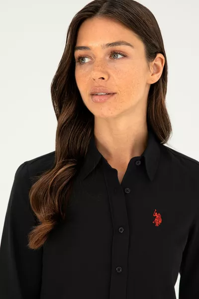 Schwarzes Langarm-Basic-Hemd für Damen 