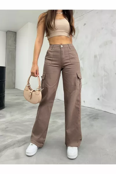 Mink Cargo Pocket Lycra Hose mit hoher Taille und weitem Bein