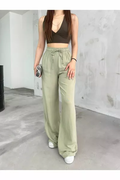 المرأة الكتان عالية الخصر واسعة قطع الجيب السراويل الصيفية مع ربطة عنق مرنة في الخصر