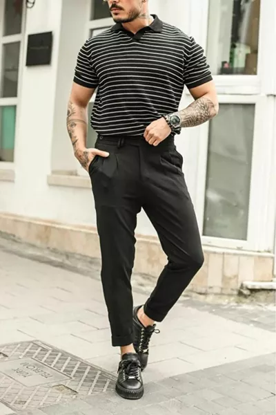 Striped Polo Neck T-Shirt Black