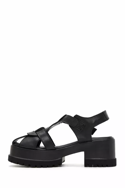 نسائي أسود سوار الكاحل كعب سميك صنادل جلدية 