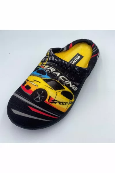 Boys' Black Car Design Winter House Slippers .