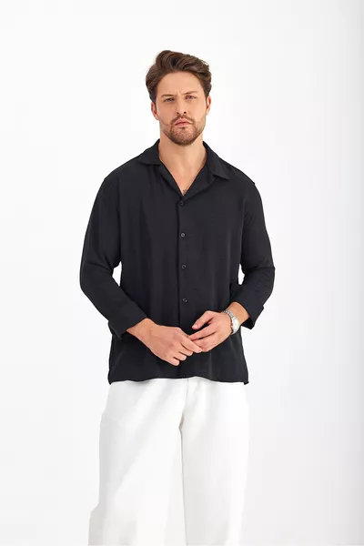 Ленена свободна кройка с дълъг ръкав текстурирана оверсайз черна мъжка риза