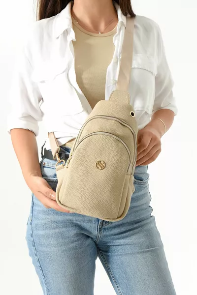 Sabbia Beige Scuro Croce Cinturino Oro Accessorio Vita E Petto Borsa Bodyba Con Uscita Per Cuffie