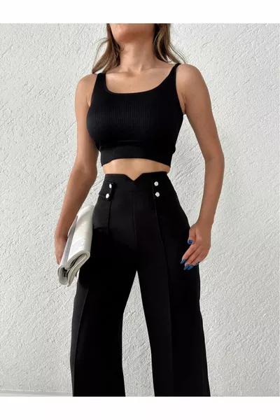 نسائي عالية الخصر Palazzo أزرار التفاصيل سليم صالح صالح السراويل