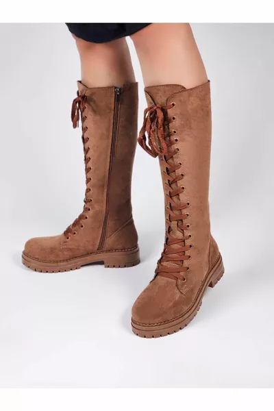 Zorgeloze Tan Suède Lange Veterlaarzen Met Rits