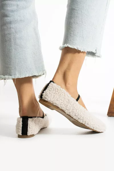 Donna Nero Teddy Curly Peluche Elastico Dettaglio Suola Piatta Donne Ballerine