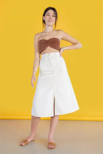 Ecru High Waist Front Slit Detailed Midi Length Denim Skirt