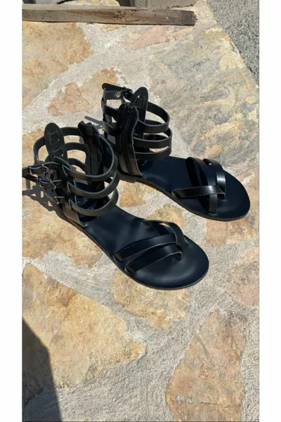 El Yapımı Hakiki Deri Siyah Gladyatör Bodrum Sandaleti - 