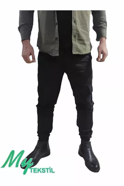 Pantaloni Cargo Uomo Lycra Slim Fit Nero Gamba Dritta