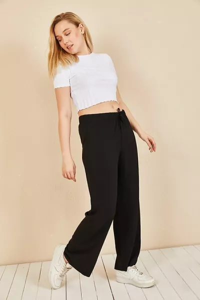 Zwarte elastische taille met wijde pijpen voor dames Shabby zomerbroek 