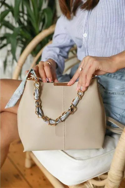 Damen Schal Weiche Ledertasche Beige mit Kette Accessoires
