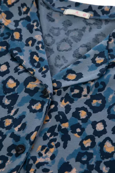 المرأة الأزرق ليوبارد طباعة أزرار القطن قميص طوق طويلة الأكمام بيجامة مجموعة