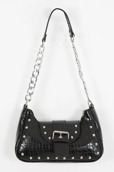 Bony Stapled Crocodile Print Black Sleeve Bag