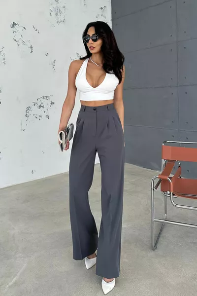 Pantalone Palazzo in Tessuto Plissettato Antracite