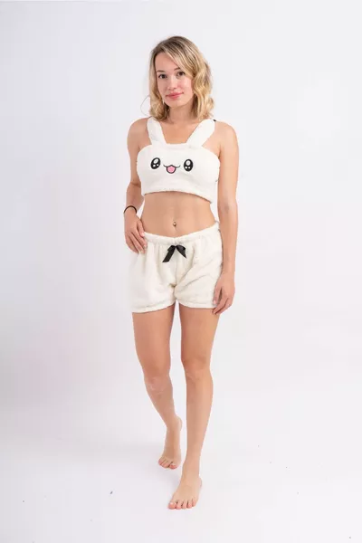 Welsoft Plush Double Pajamas Bustier Set with Adjustable Straps