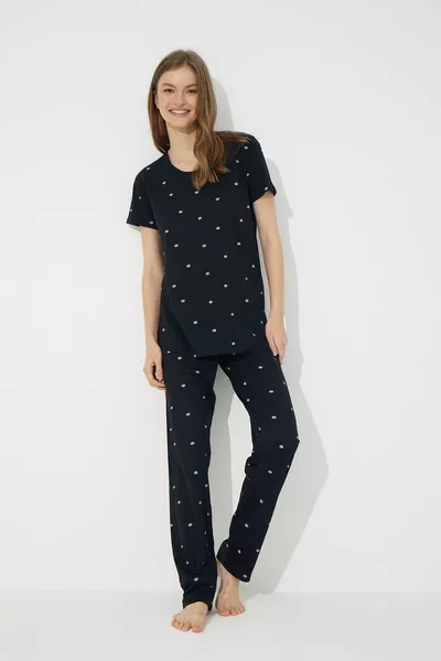 أسود قصير الأكمام القطن بيجامة مجموعة