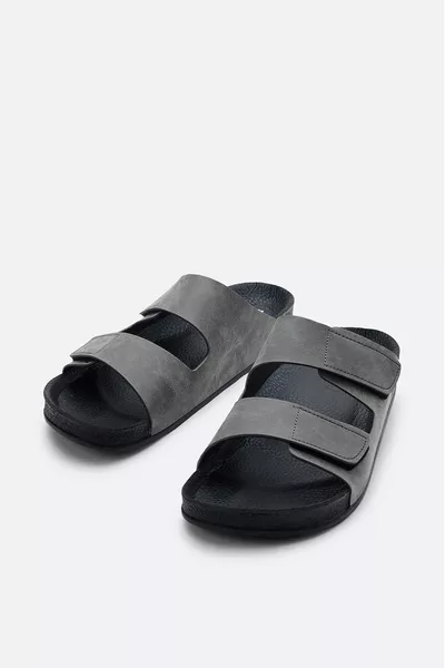 Pantoufles en cuir à bandes grises pour hommes 