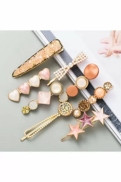 Ensemble spécial pour femmes de 8 pinces Snap Side Épingle à cheveux Perle Saumon Set-5