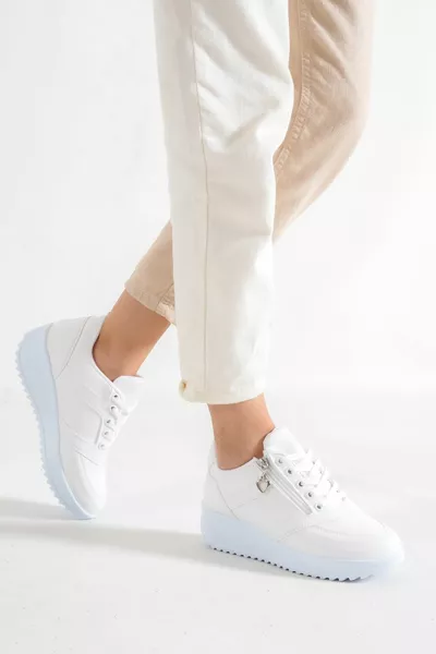 Women's White Skin Zipper Sneakers 