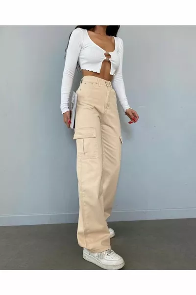 عالية الخصر البضائع جيب الجينز بيج جينز